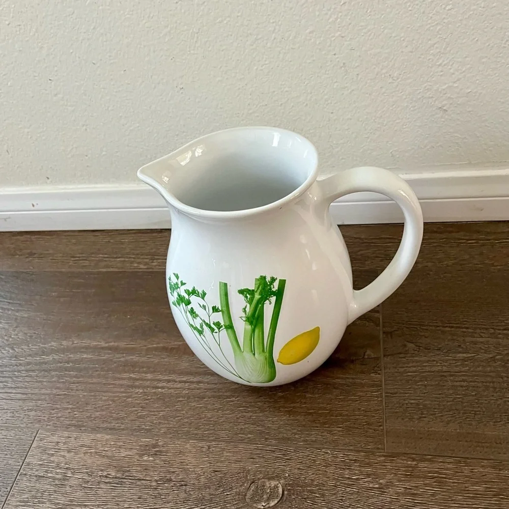 White Ceramic Pitcher with Herb and Lemon Design from Portugal
